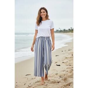 Love Streak Linen Blend Striped Pants Blue White Drawstring Beach Trousers Sz L
